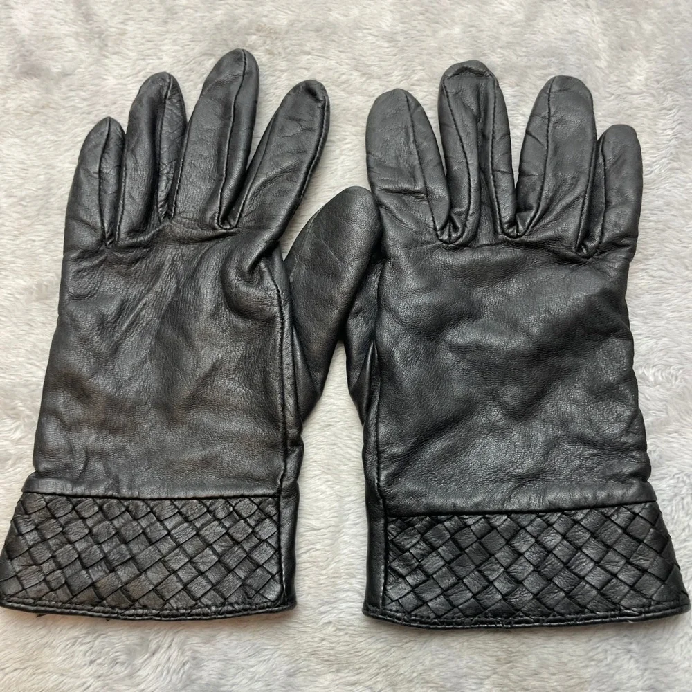Willi Smith Womens Cashmere Lined Leather Gloves Size M Black Woven Cuff